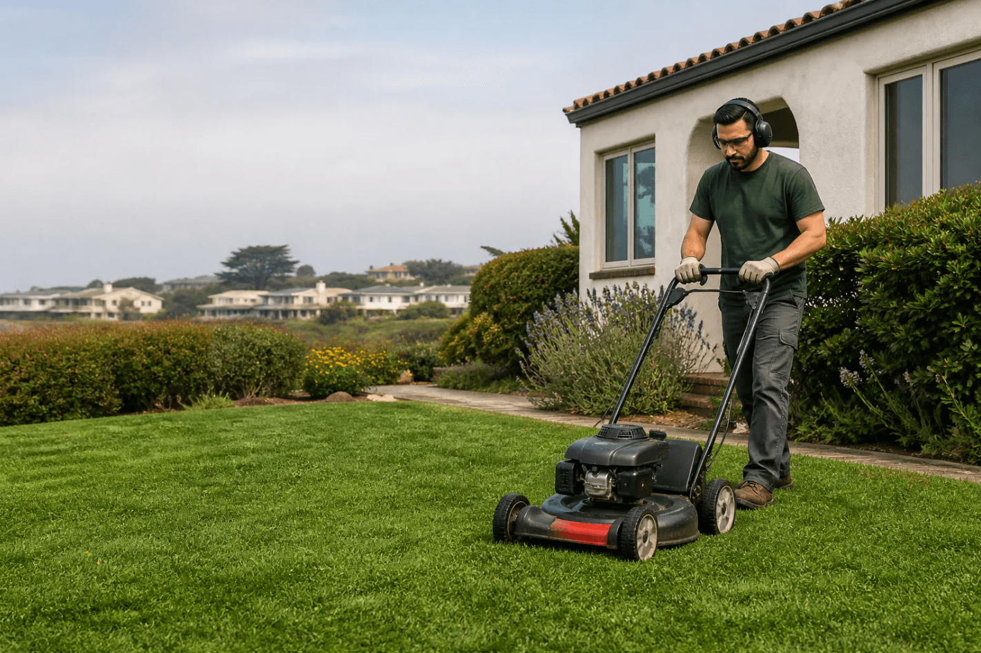 Landscaper maintaining a residential lawn in a coastal yard