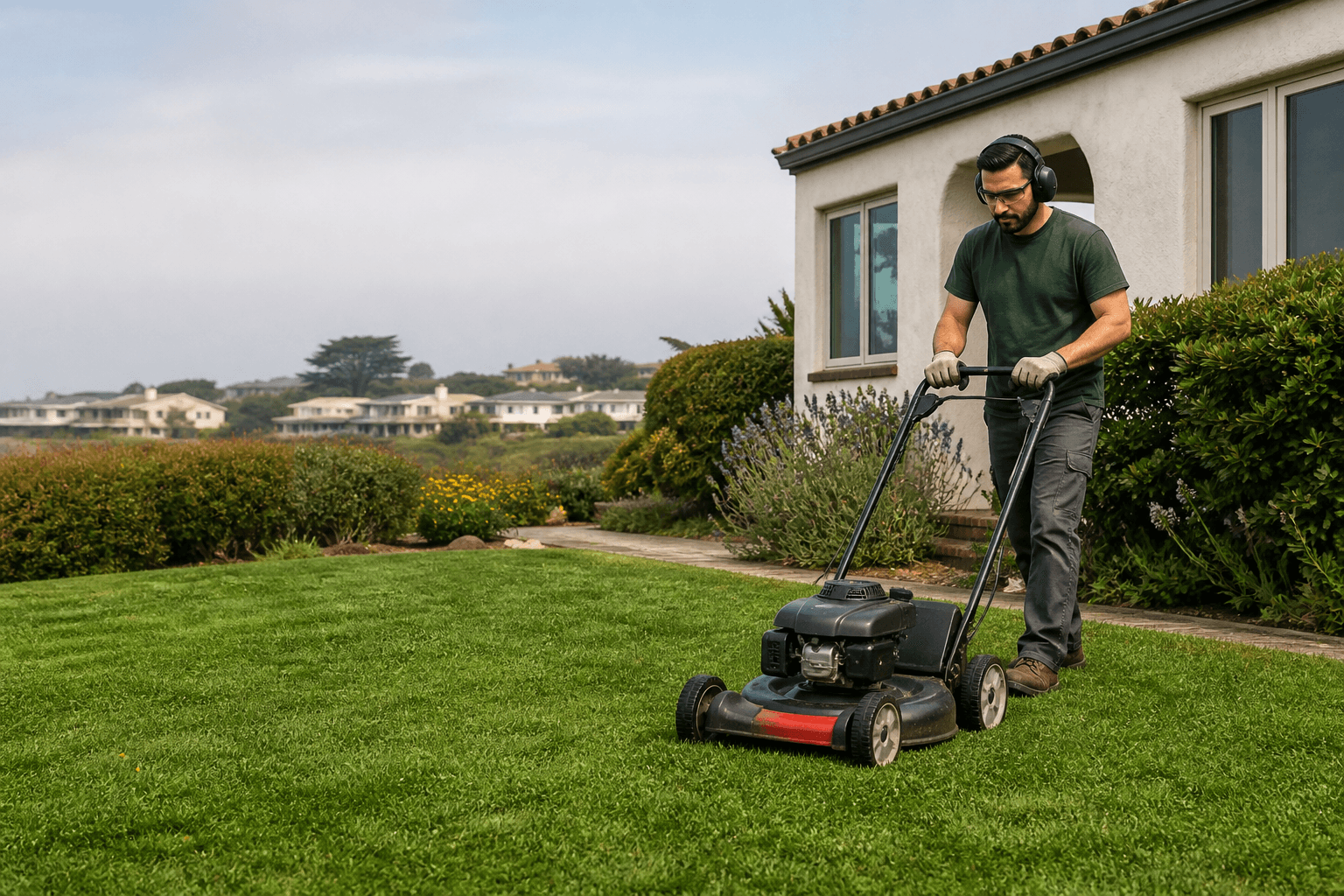 Landscaper mowing a residential lawn in coastal California